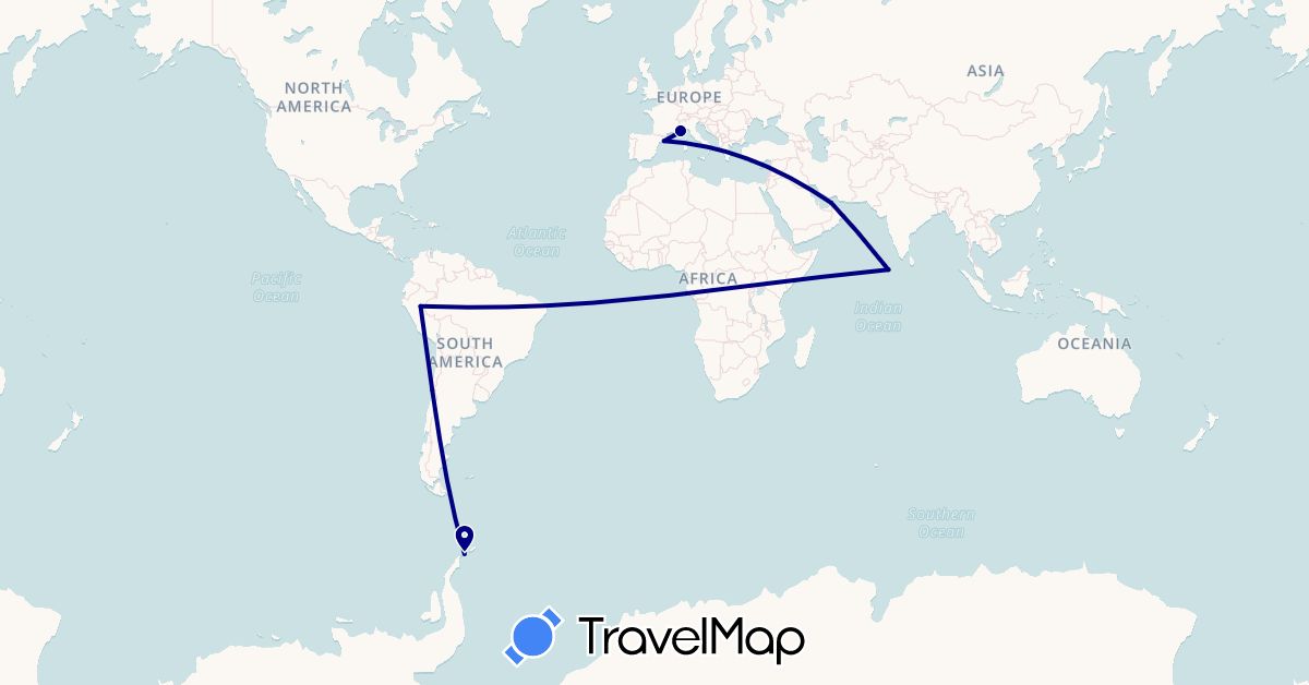 TravelMap itinerary: driving in United Arab Emirates, Chile, Spain, France, Monaco, Maldives, Peru (Asia, Europe, South America)